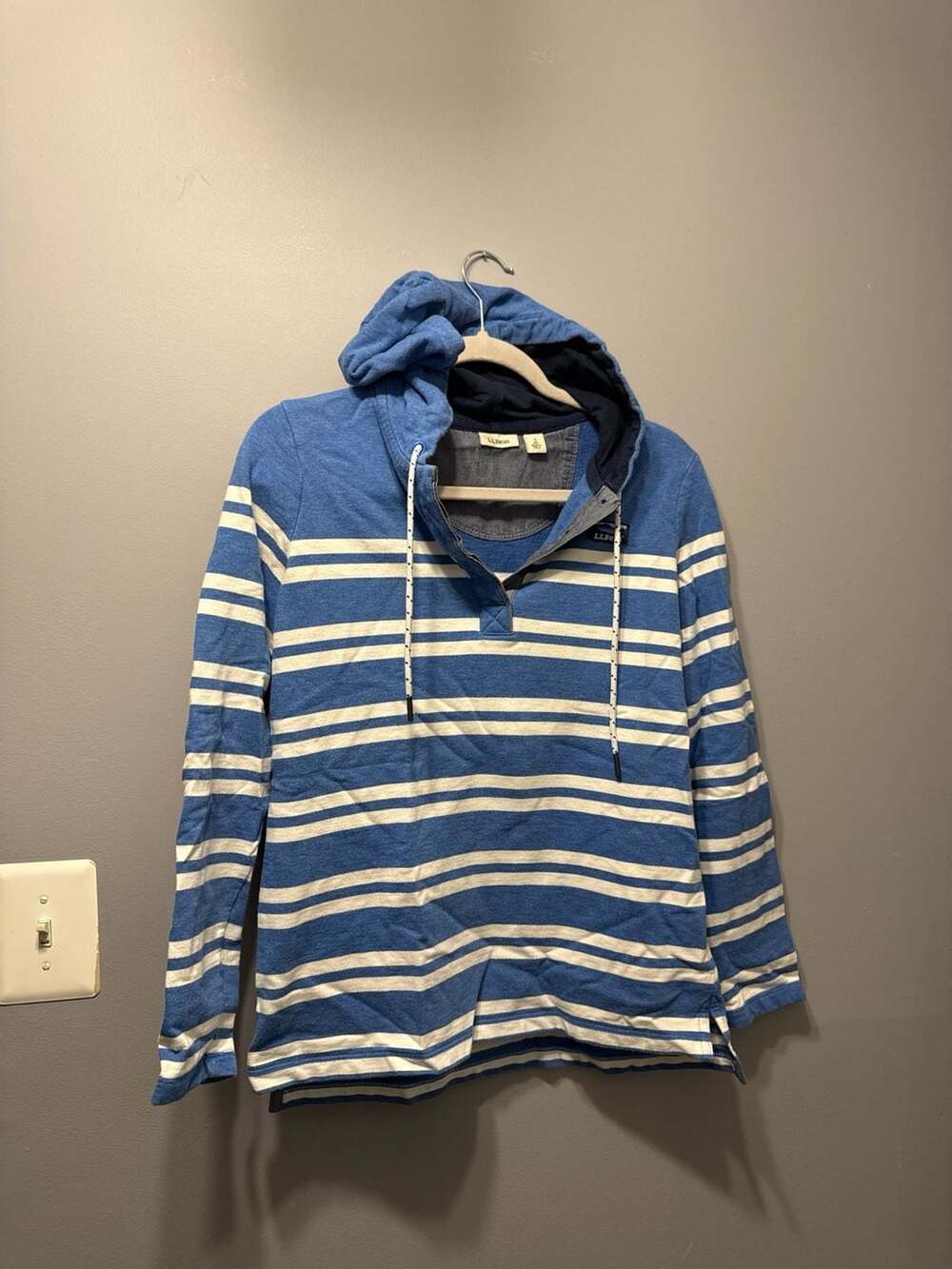 L.L.Bean Women's Blue Striped Henley Hoodie with Katahdin Logo, Size S